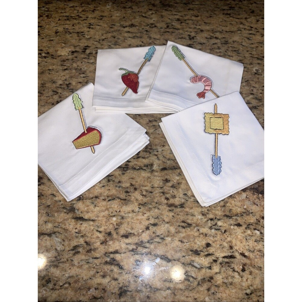 4 Crate & Barrel Tidbits Cocktail Napkins Embroidered NEW 10"